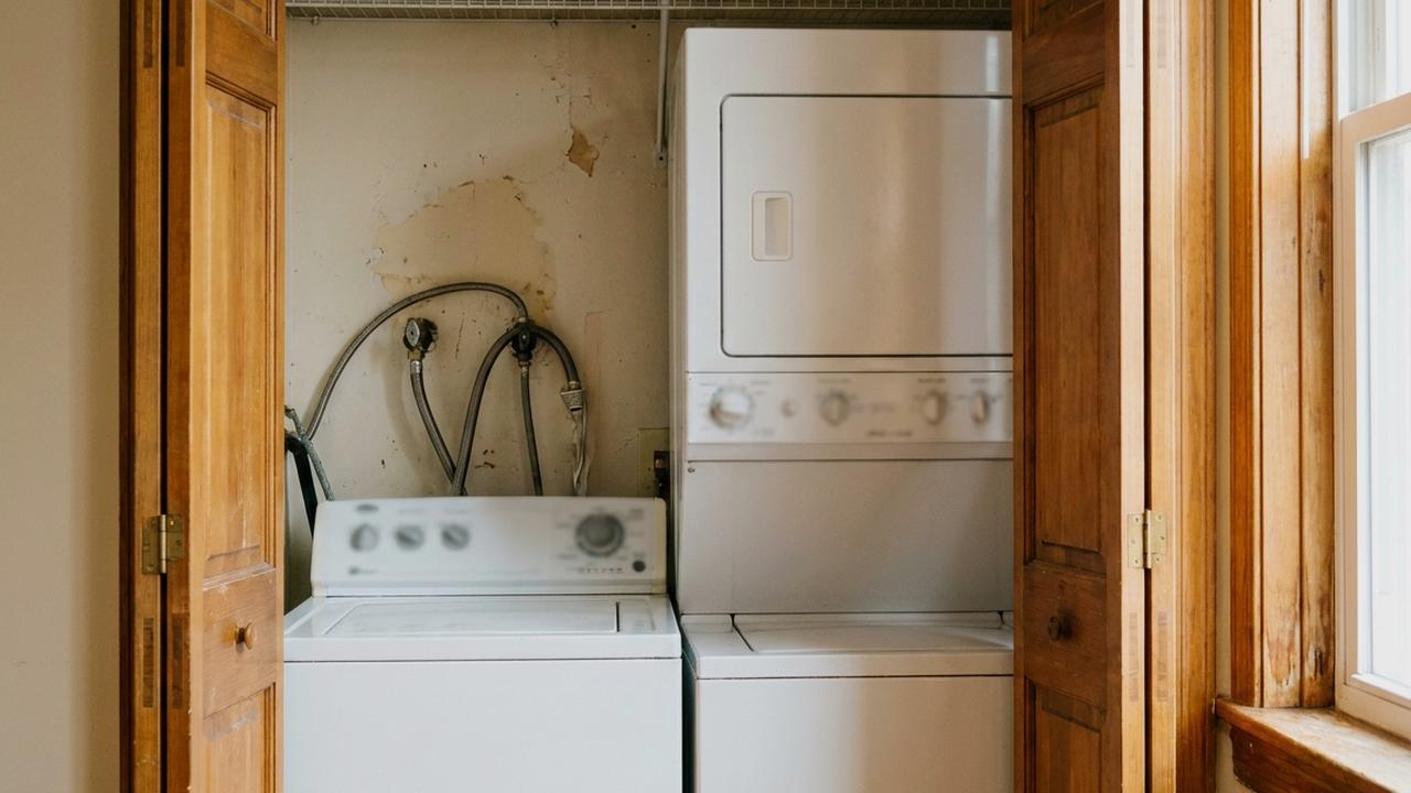 A stacked washer and dryer in a narrow apartment laundry closet, braided hookups on the wall behind them.