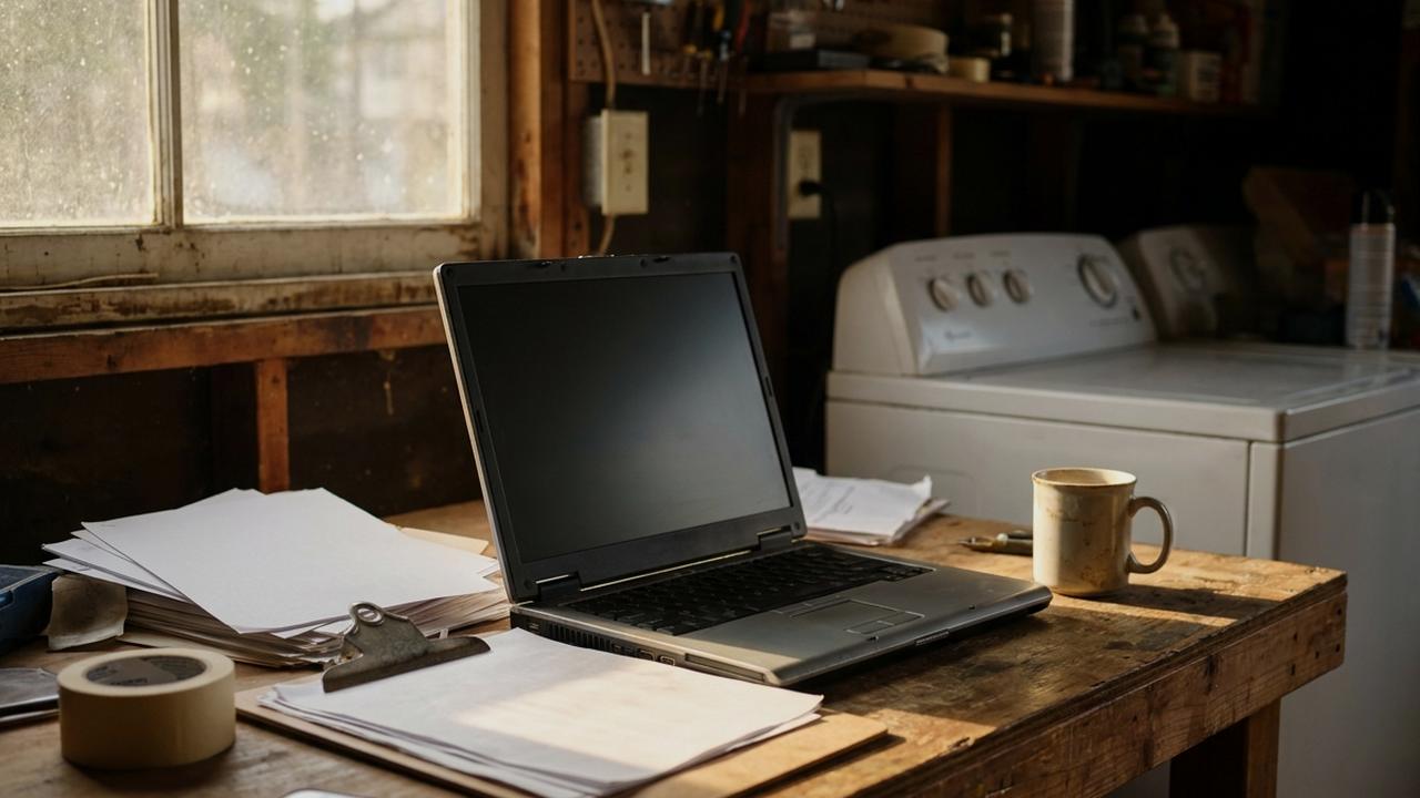 A cluttered workbench desk in a garage workshop with an open laptop, a clipboard of paperwork and a phone, a washing machine out of focus behind.