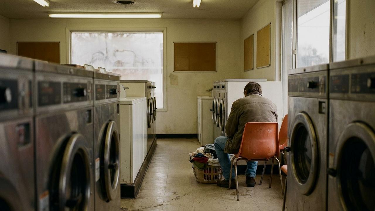 The inside of a coin laundromat, one person waiting on a plastic chair beside a basket and a row of commercial machines.