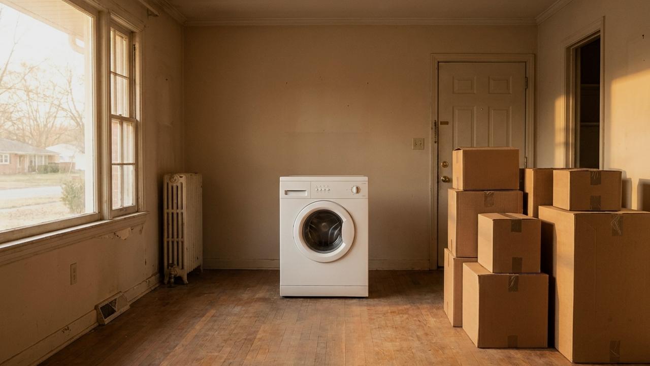A washing machine standing alone on the bare floor of an empty living room on moving day, boxes stacked by the door.