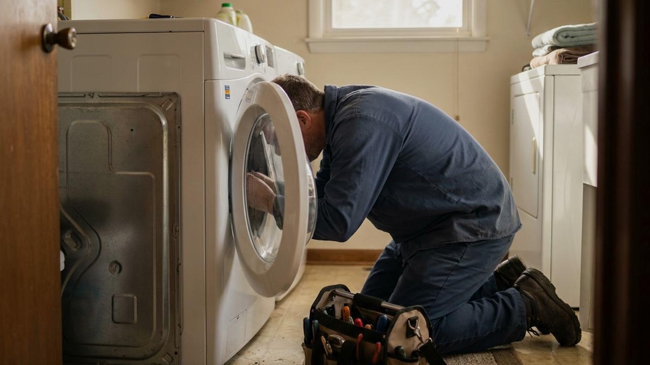 A repair technician kneeling beside an opened washing machine in a home laundry room, toolbag on the floor beside him.