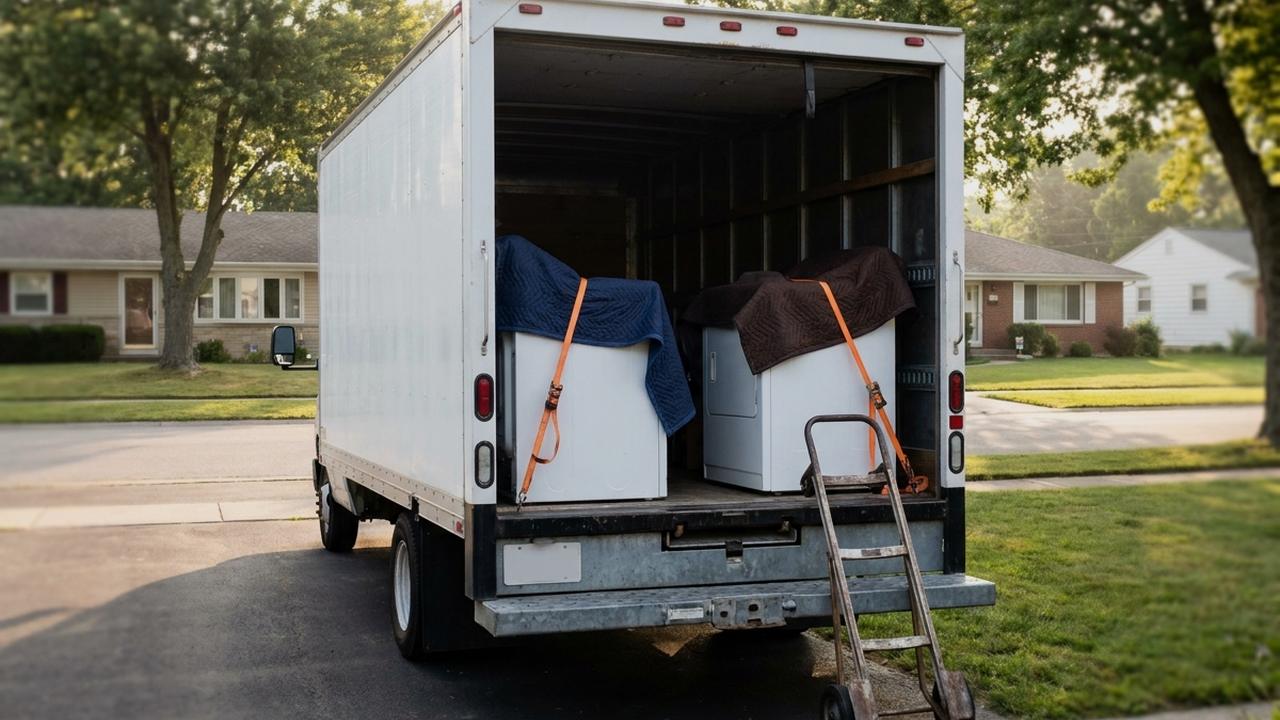 The open back of a plain box truck loaded with two washing machines strapped upright under moving blankets, a dolly against the bumper.