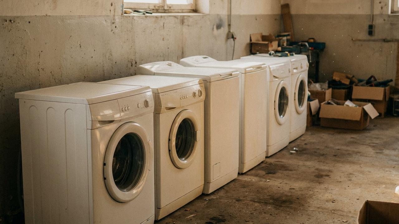 A row of clean used washing machines lined up along a workshop wall, mismatched models, ready to go out.
