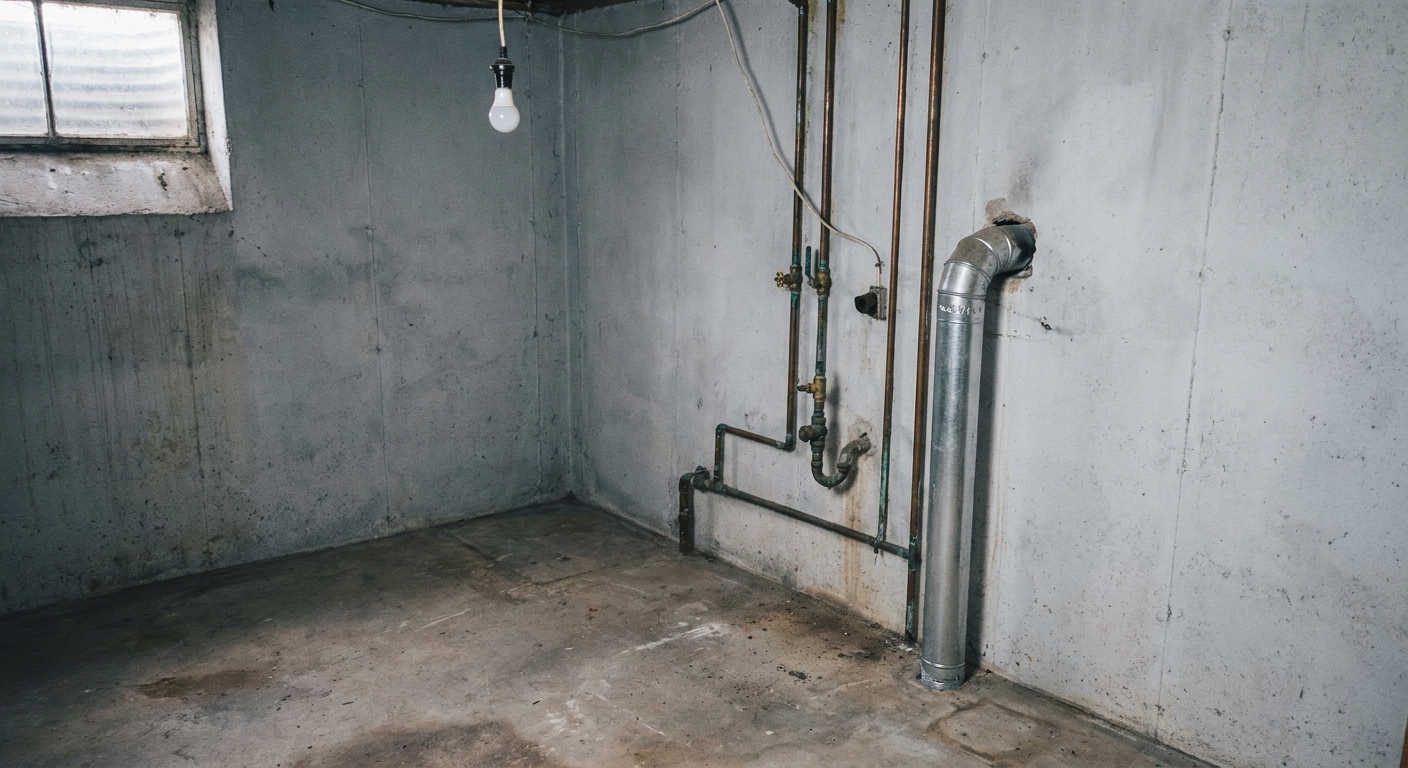 Bare basement laundry hookups on a concrete wall with no machine installed.