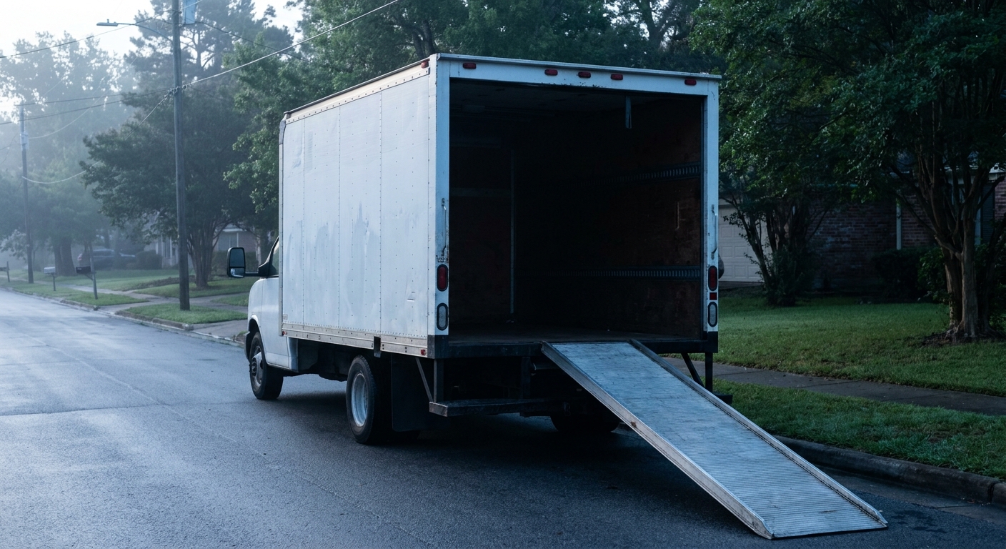 A plain unmarked white box truck parked on a residential street at dawn.
