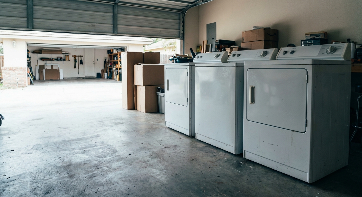 Three used white washing machines lined up in a home garage.