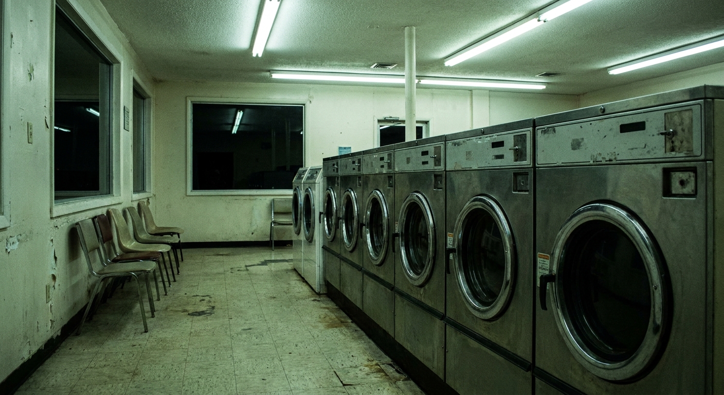 The inside of an empty small town laundromat at night.
