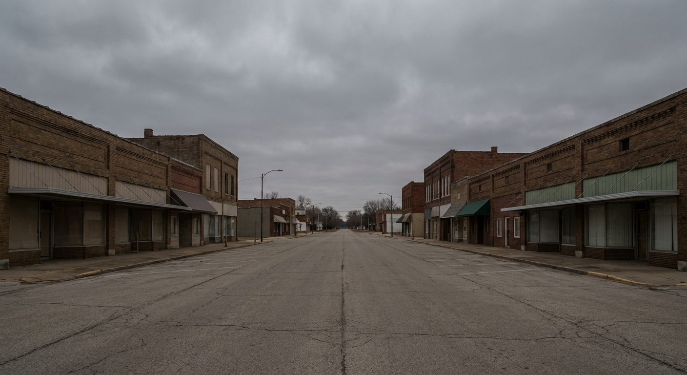 A quiet midwestern small town main street in late afternoon.