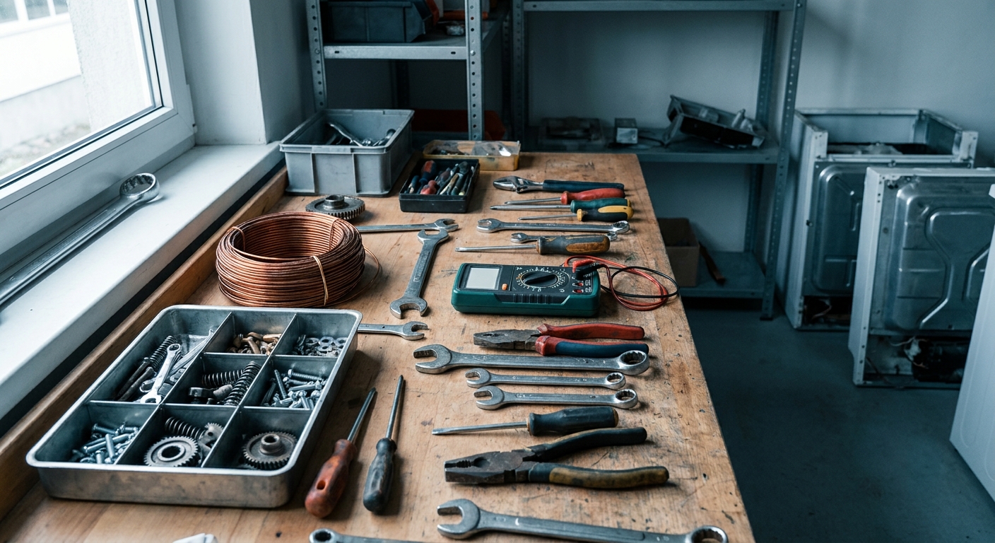 A cluttered appliance repair workbench with hand tools and a multimeter.