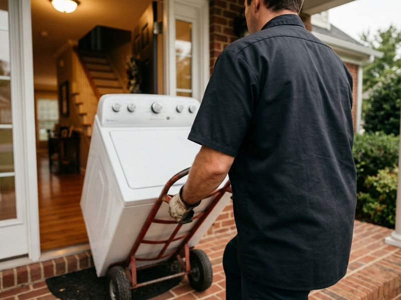 A delivery worker wheeling a washing machine through a front door on a dolly.