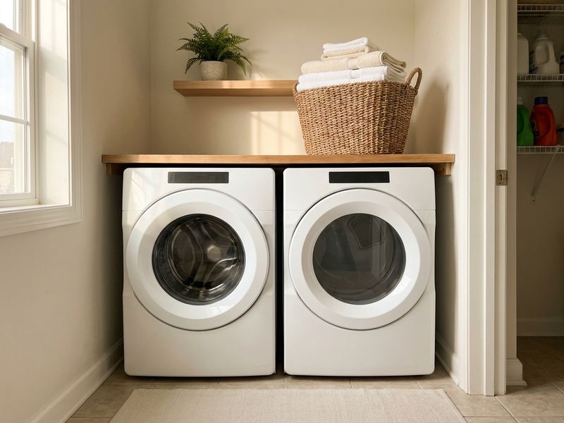 An installed washer and dryer set in a home laundry room with a basket of folded towels on top.